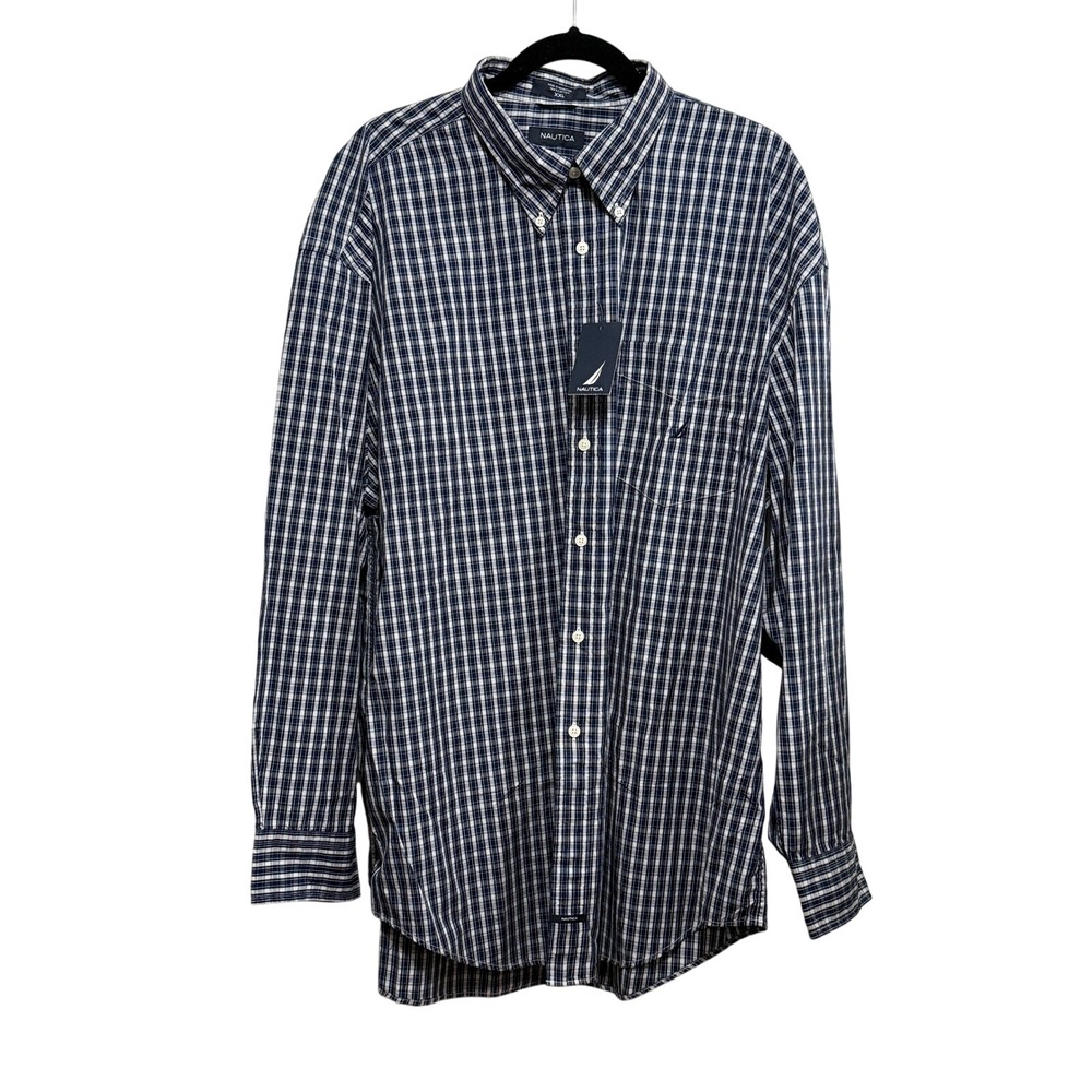 Nautica‎ Button Down Shirt Men's XXL 80's Two Ply 100% Cotton Plaid Blue white